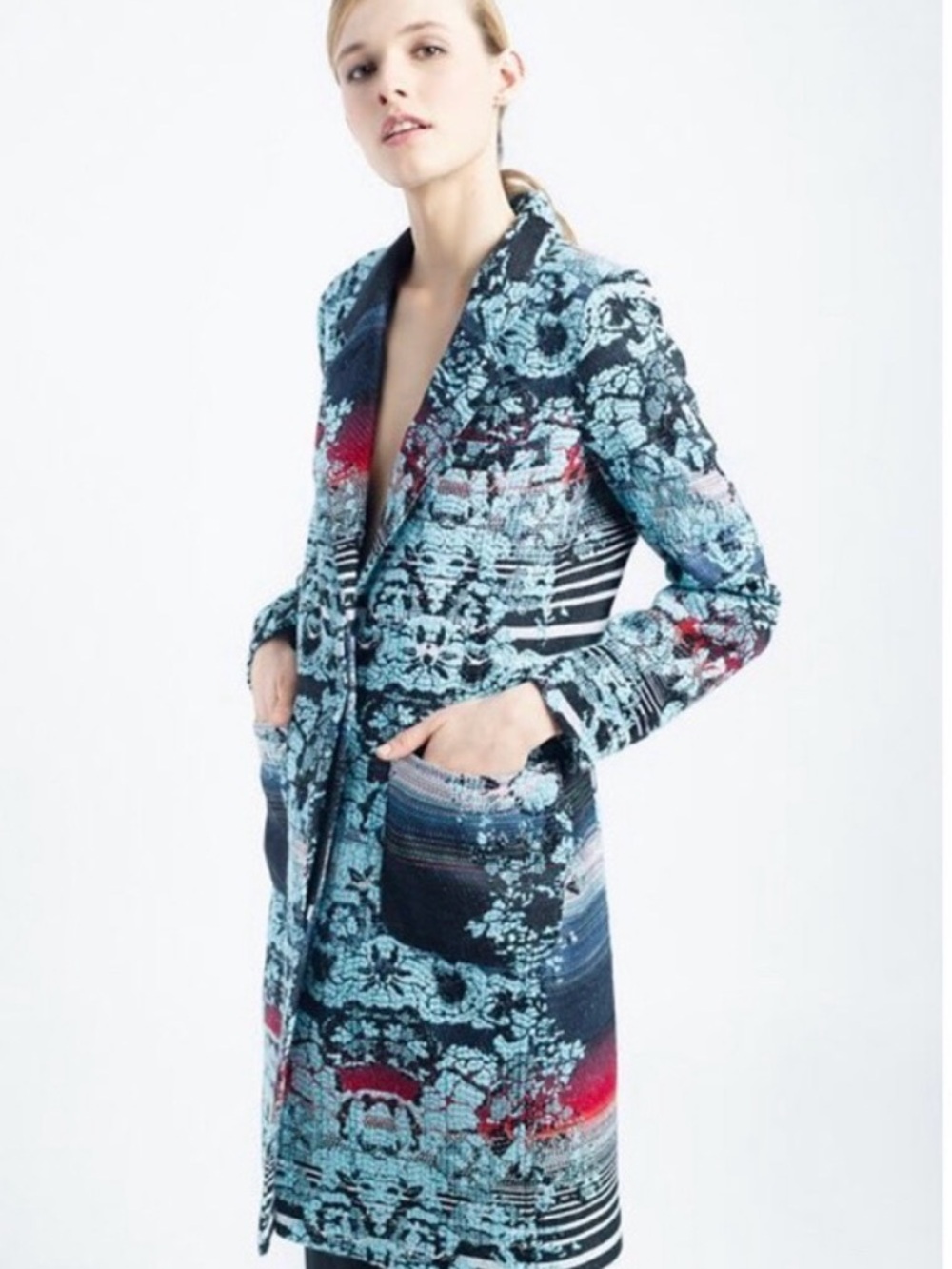 Smythe Textured Floral Jacquard Coat - Light Blue Multi Size 4